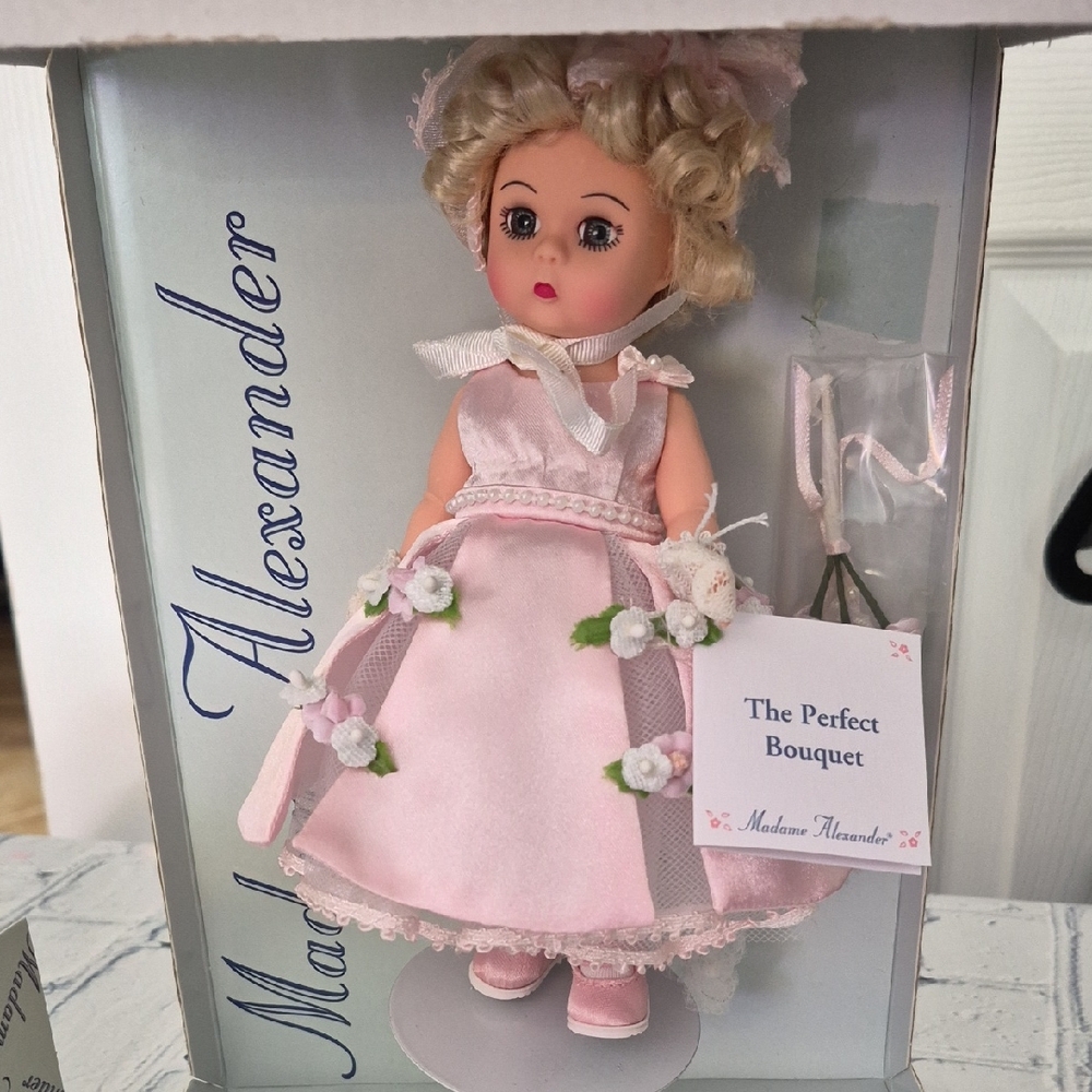 NIB Madame Alexander Doll in Pink Satin Floral Accents With Stand